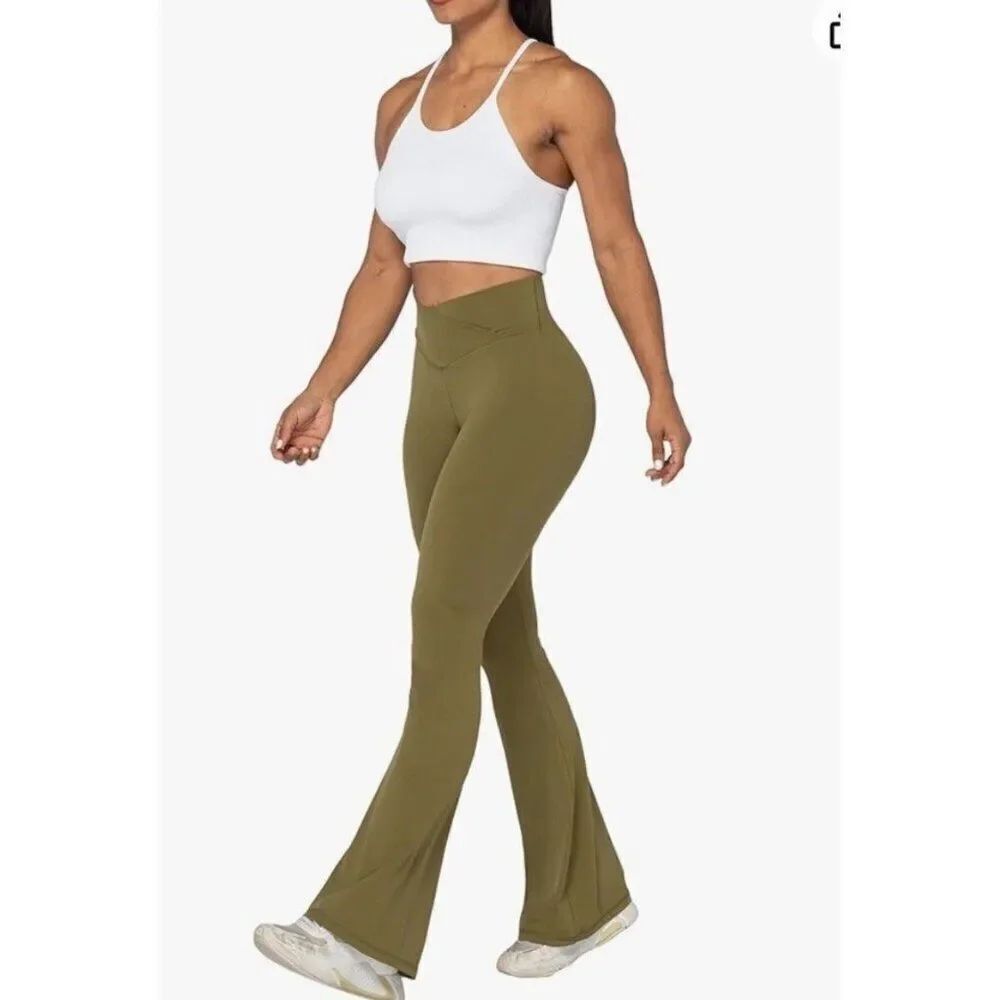 Sunzel Solid Olive Green Workout Athletic Yoga Flare Leggings Nylon Spandex Xs